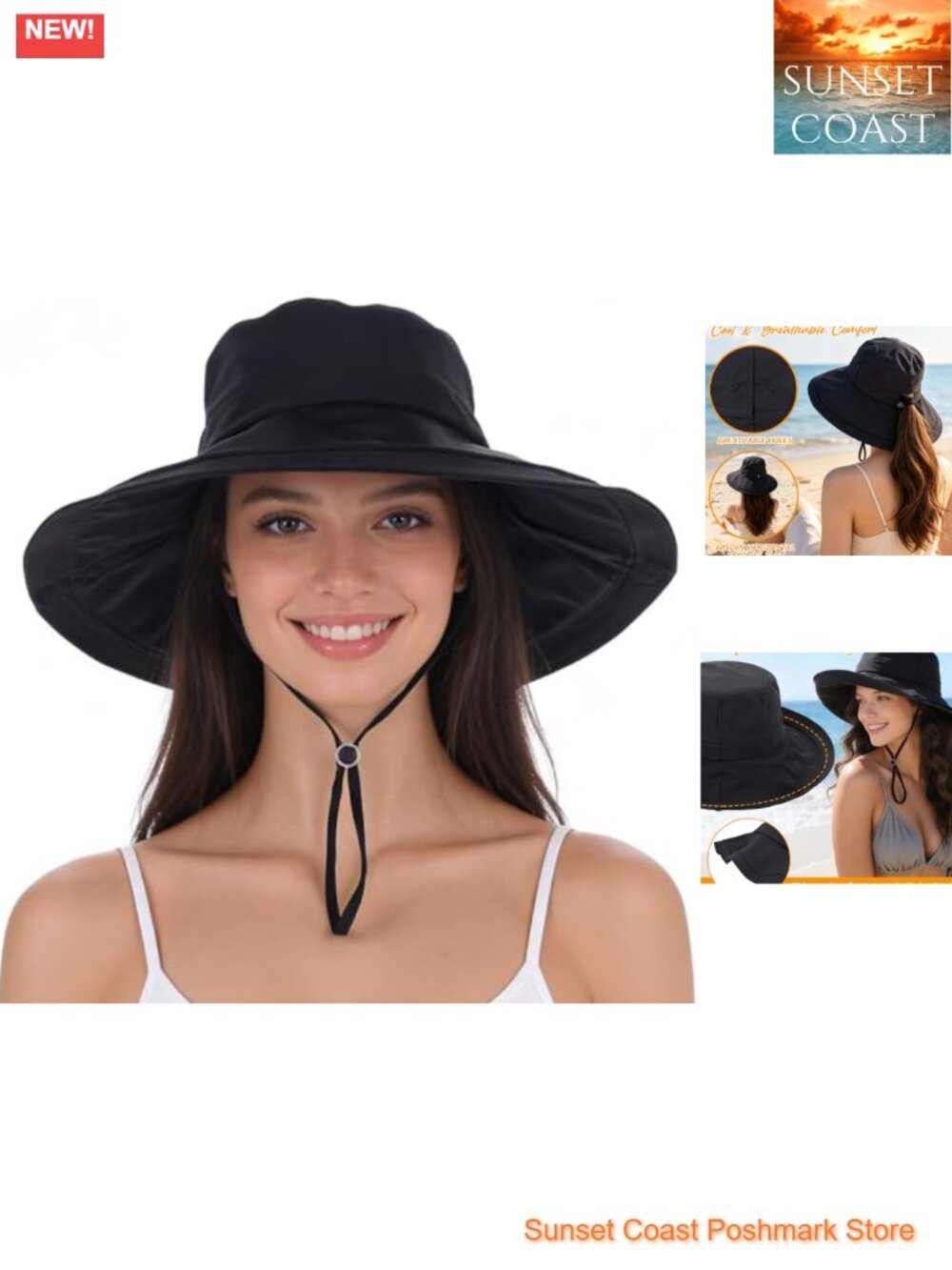 UPF 50+ Waterproof Wide Brim Sun Bucket Hat with Ponytail Hole